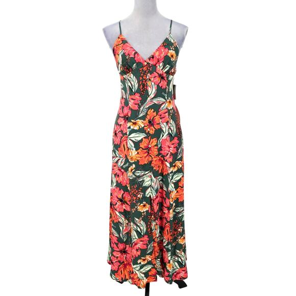 Leith Dress Womens Small Maxi Green Pink Floral Zip Sweetheart Lined Strappy New - Picture 1 of 16